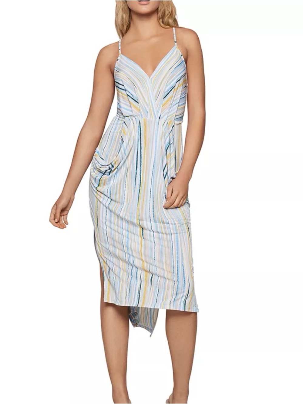 BCBG — Striped Pastel Midi Dress with Spaghetti Straps — Size M — NWT